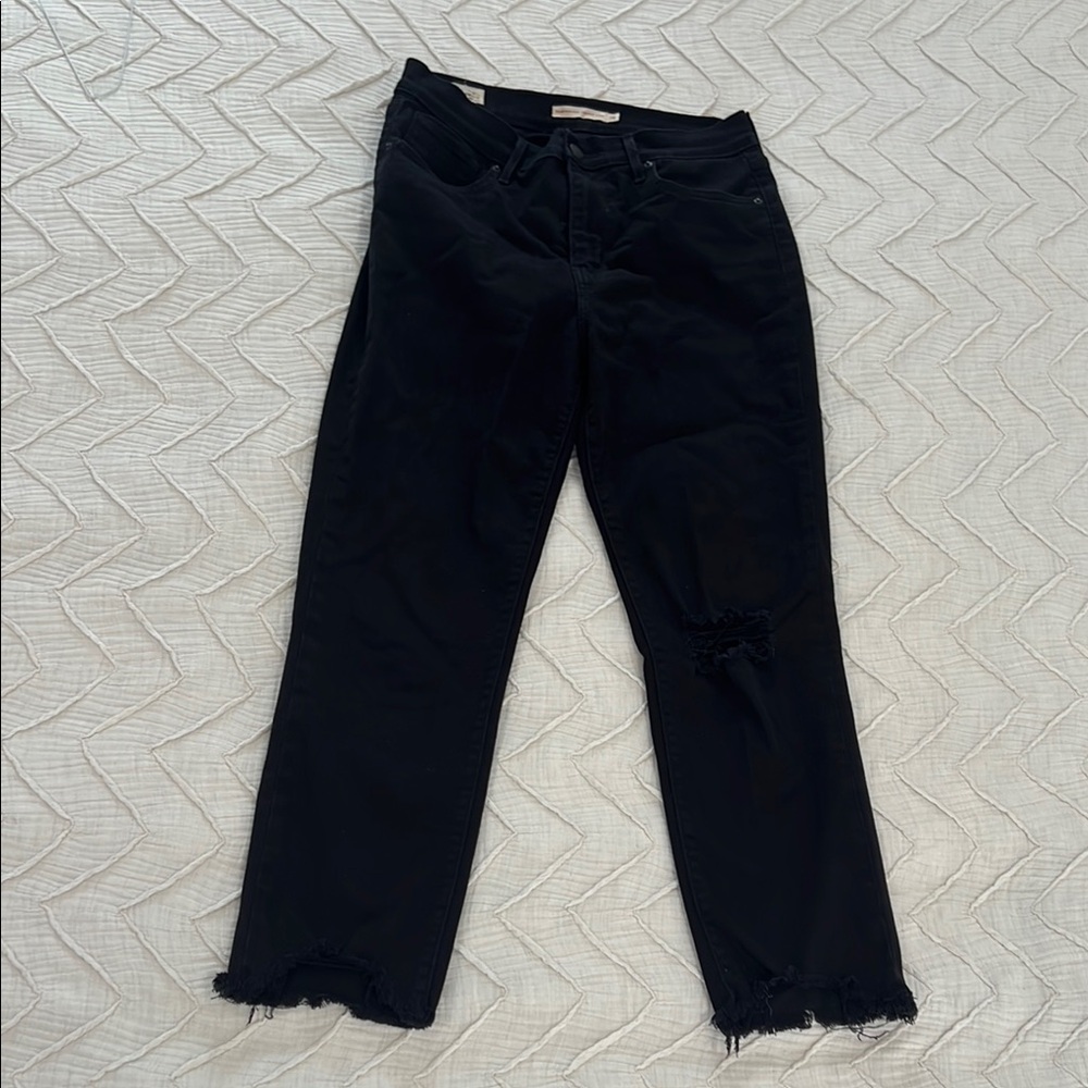 Levi’s 724 Ripped High Rise Straight Crop Raw Hem Black Distressed Jeans